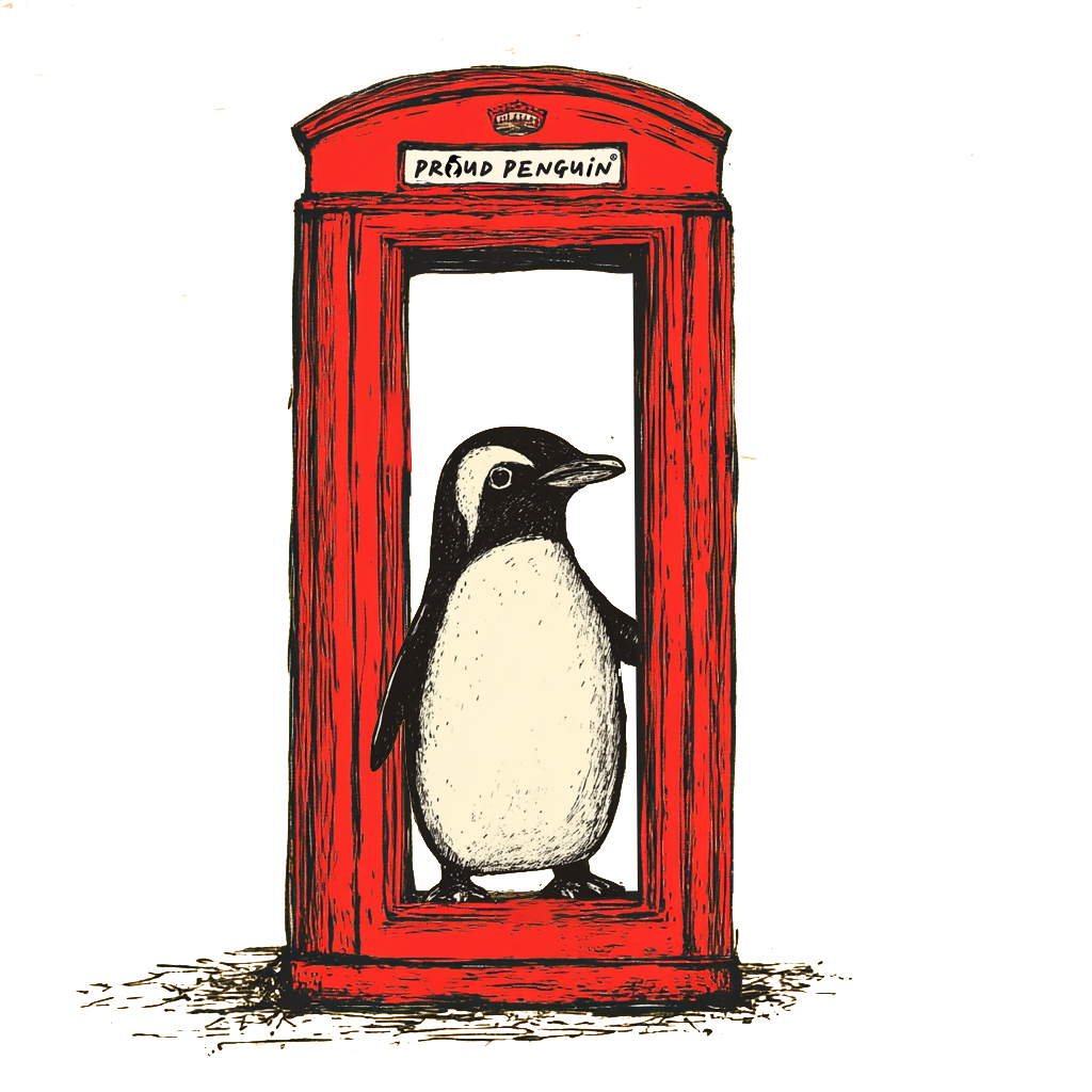 Proud Penguin standing in a red phone booth